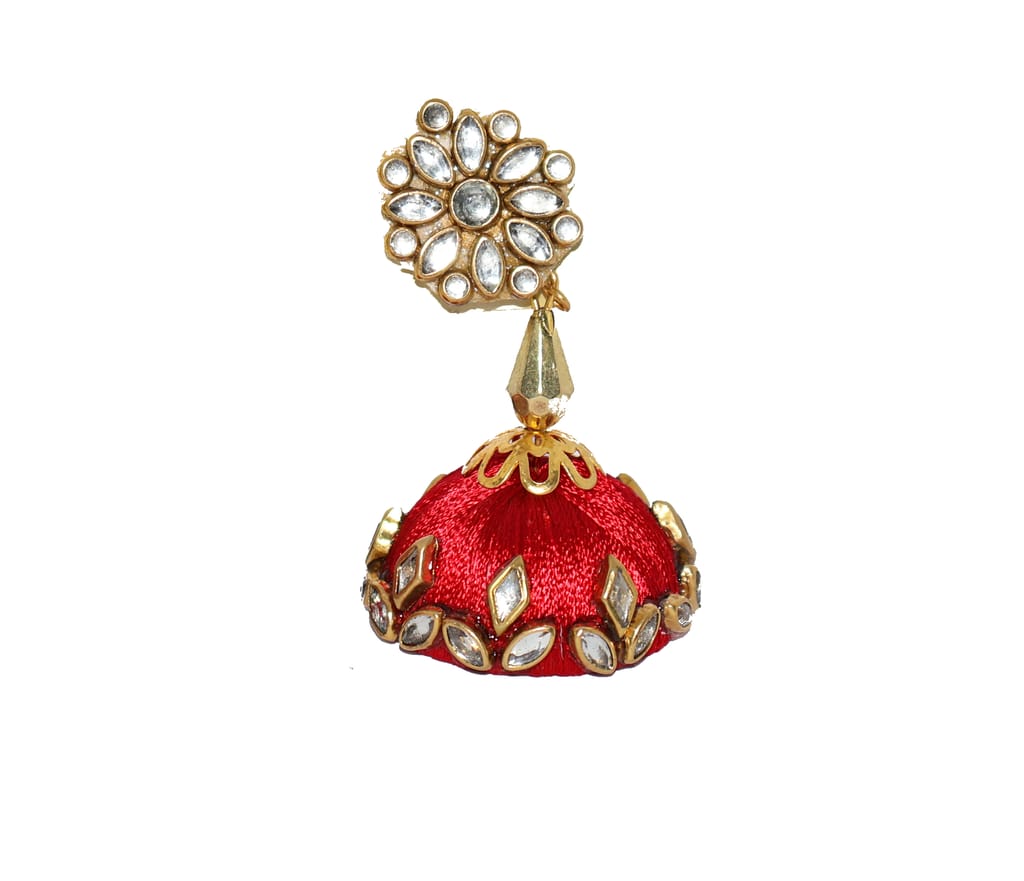 Red Silk Thread Jhumka Earrings with White Gemstones