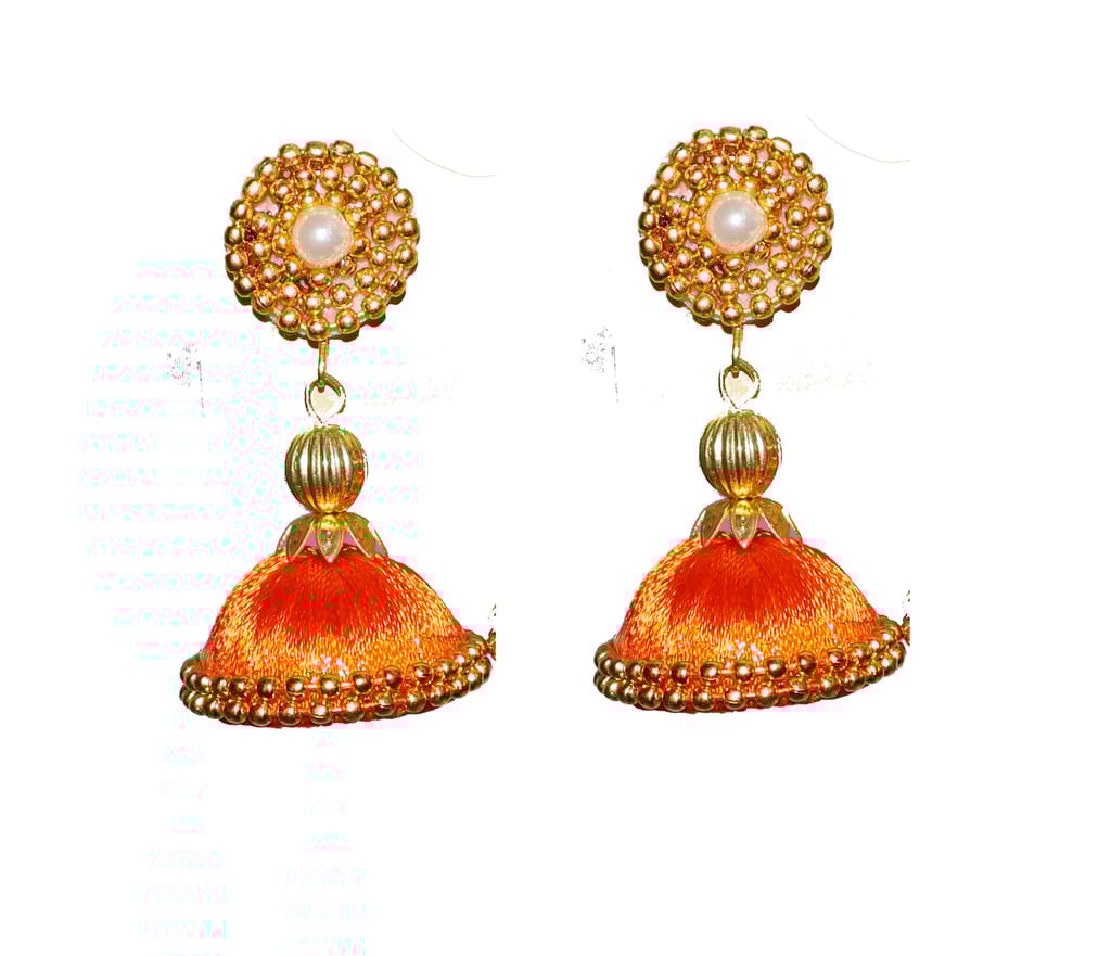 Gold Plated Studded Earrings with Orange Tassels