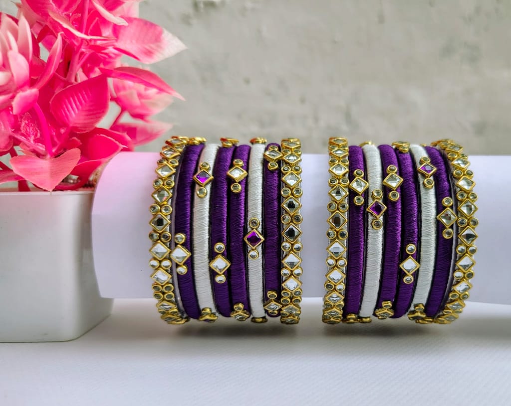 Purple & White Silk Thread Bangles with Stone Embellishments - Bangles & Bracelets | Buy online on ZillyBuy