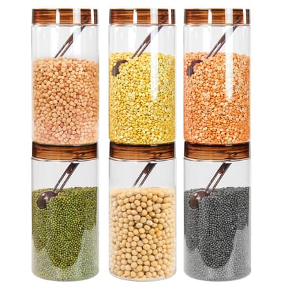 Plastic Containers for Kitchen Storage | Plastic Container Set with Spoon | BPA Free, Stackable Jars | Brown, 1700 ML (Set of 6)