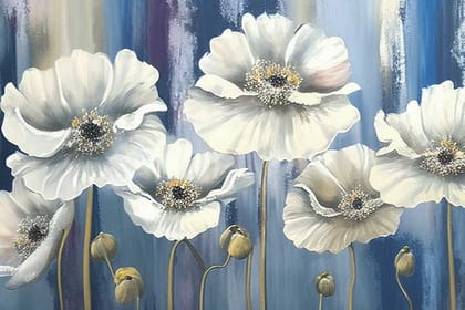 WHITE POPPY FLORAL WALLART 24in X 16in WITH BLACK FRAME