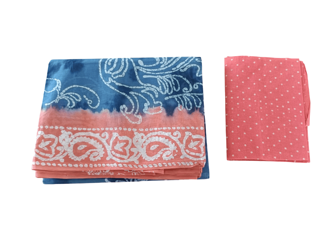 Blue & Orange Cotton Saree With Blouse