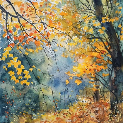 AUTUMN FOREST WATERCOLOUR PRINTS 24in X 24in WITH BLACK FRAME