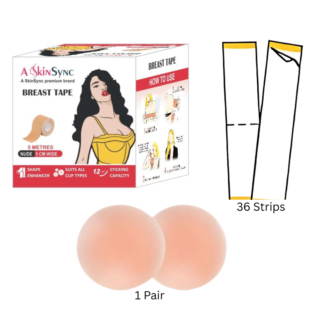 A SkinSync Boob Tape Kit - Instant Boob Tape with 10 Nipple Pasties for Fashion with 36 Strips Double Sided Tape for Clothes &1 Pair Reusable Silicon Nipple Cover for Women (Beige)