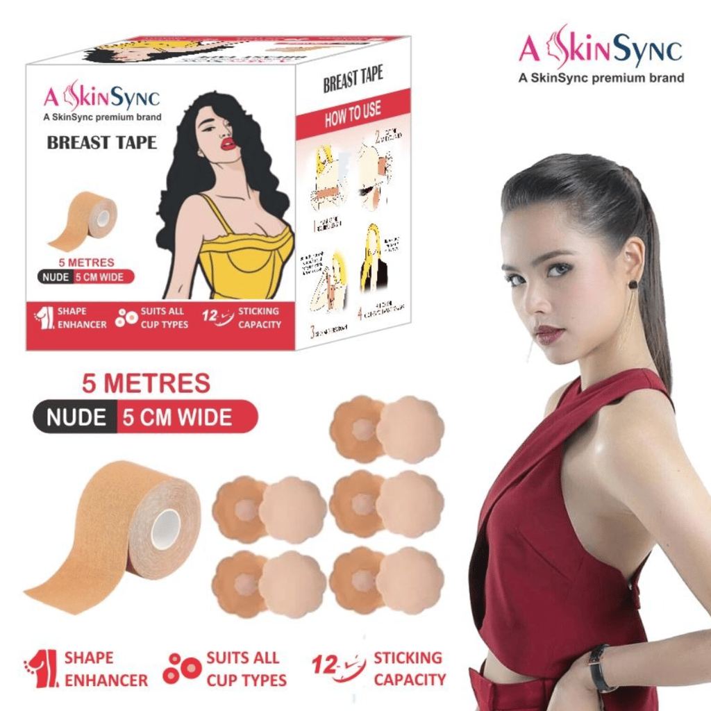 A SkinSync Boob Tape Kit - Instant Boob Tape with 10 Nipple Pasties for Fashion with 36 Strips Double Sided Tape for Clothes &1 Pair Reusable Silicon Nipple Cover for Women (Beige)