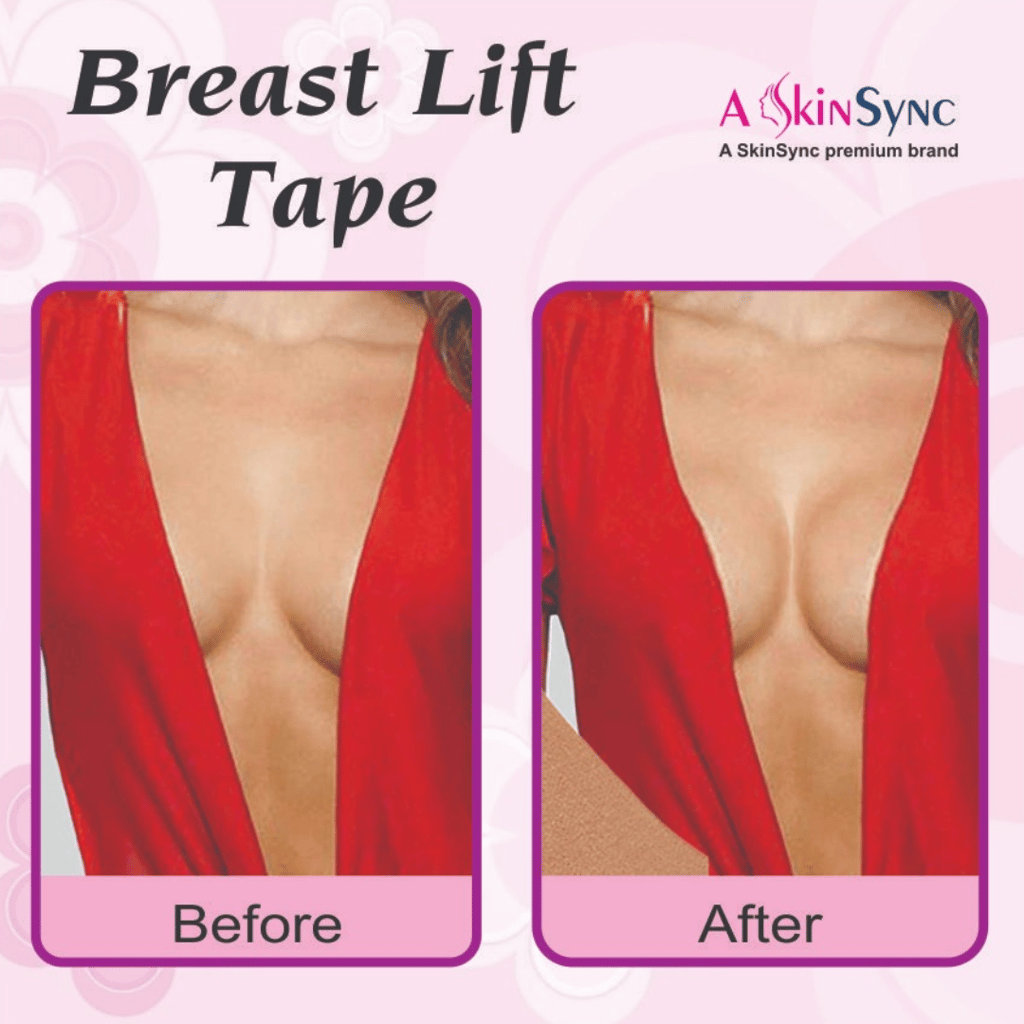 A SkinSync Boob Tape Kit - Instant Boob Tape with 10 Nipple Pasties for Fashion with 36 Strips Double Sided Tape for Clothes &1 Pair Reusable Silicon Nipple Cover for Women (Beige)