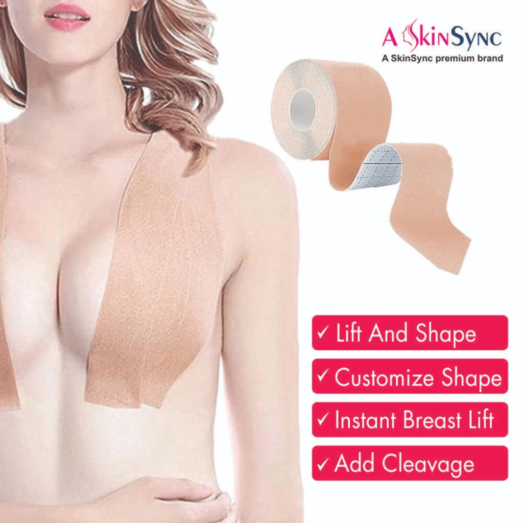 A SkinSync Boob Tape Kit - Instant Boob Tape with 10 Nipple Pasties for Fashion with 36 Strips Double Sided Tape for Clothes &1 Pair Reusable Silicon Nipple Cover for Women (Beige)