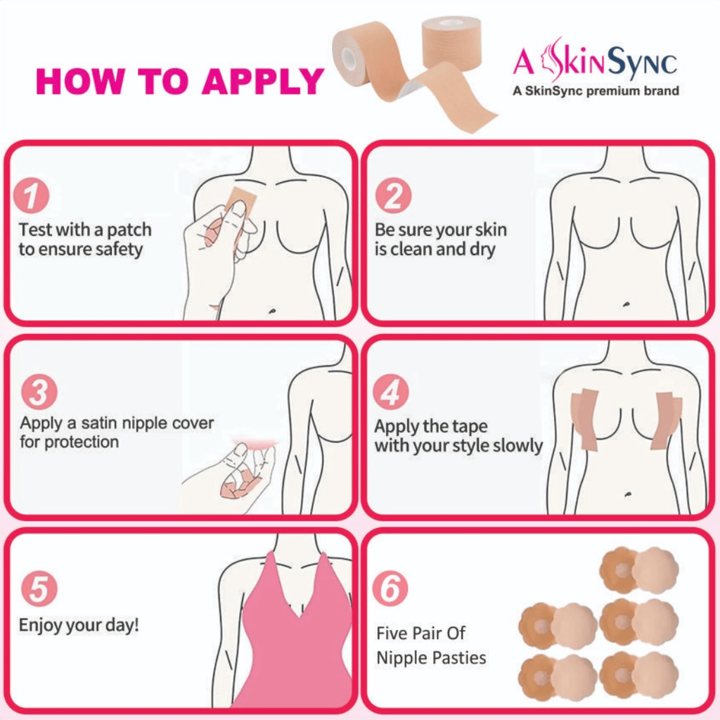 A SkinSync Boob Tape Kit - Instant Boob Tape with 10 Nipple Pasties for Fashion with 36 Strips Double Sided Tape for Clothes &1 Pair Reusable Silicon Nipple Cover for Women (Beige)