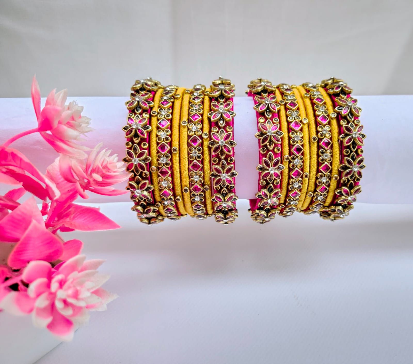 Yellow Silk Thread Bangles with Floral Rhinestone Embellishments