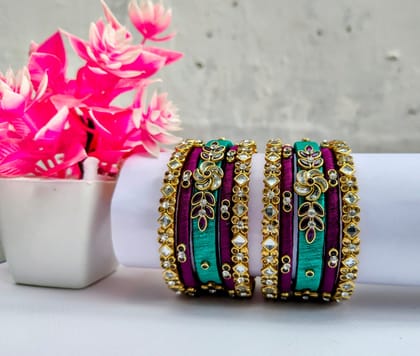 Silk Thread Bangles with Rhinestones & Gold Accents