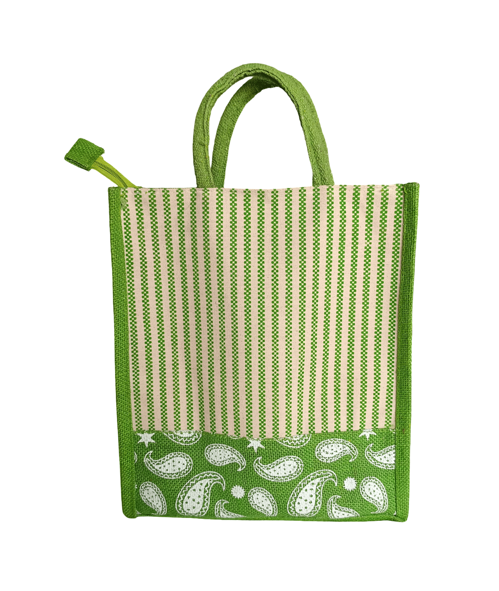 Green Striped Jute Bag with Paisley Pattern - Eco-Friendly