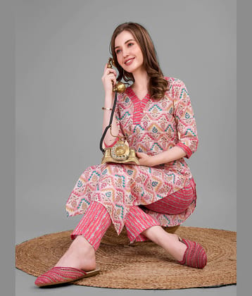 Women Basket Cotton Blend Printed Kurti With Pants Women's Stitched Salwar Suit - Pink ( Pack of 1 )