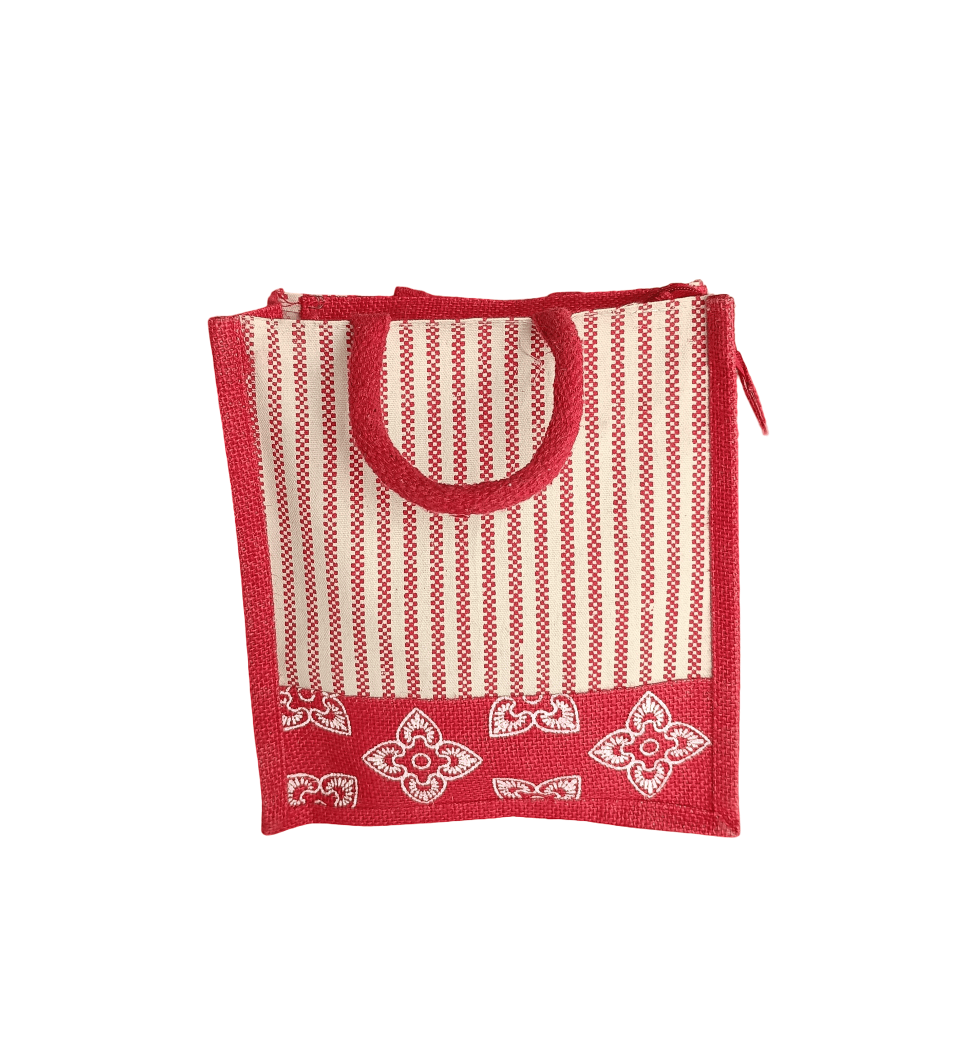 Red & White Striped Jute Tote Bag with Embroidered Floral Accents