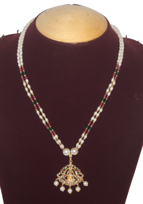 Elegant Pearl Necklace with Ruby, Emerald & CZ Pendant