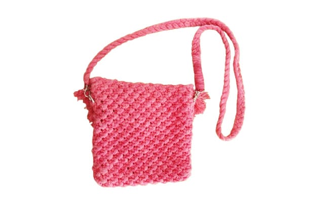 Handwoven Pink Macrame Crossbody Bag with Fringe Detail