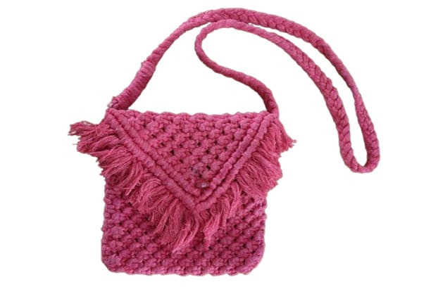 Handwoven Pink Macrame Crossbody Bag with Fringe Detail