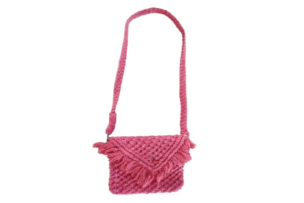 Handwoven Pink Macrame Crossbody Bag with Fringe Detail