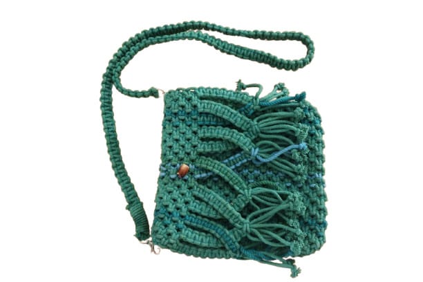 Handmade Teal Macrame Crossbody Bag with Fringe Detailing