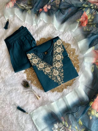 New Wedding Wear Teal Blue Color Roman Silk Embroidery n Sequence Work Designer Straight Kurta With Trouser n Dupatta Set-S