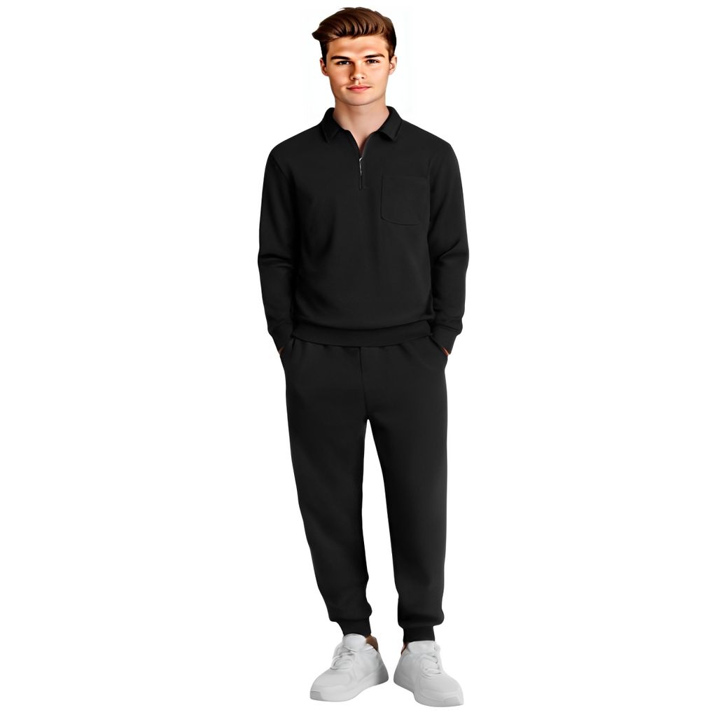 Premium Men HAZAWA Men's Black Casual Tracksuit Set – Zip Collar Tshirt & Joggers, Stylish, Fash