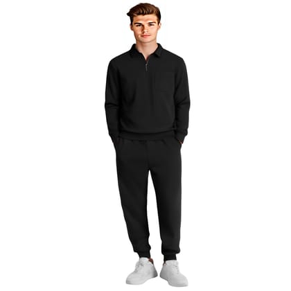 HAZAWA Men's Black Casual Tracksuit Set – Zip Collar Tshirt & Joggers, Stylish, Fashionable, gymwear, All Seasons Wear,  Tracksuit