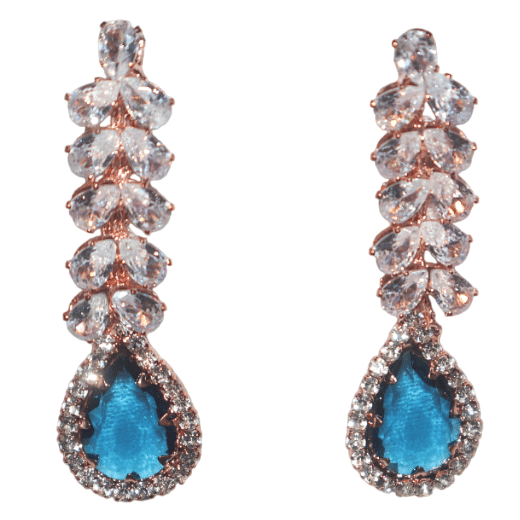Rose Gold Teardrop Earrings with White Crystals and Blue Gem