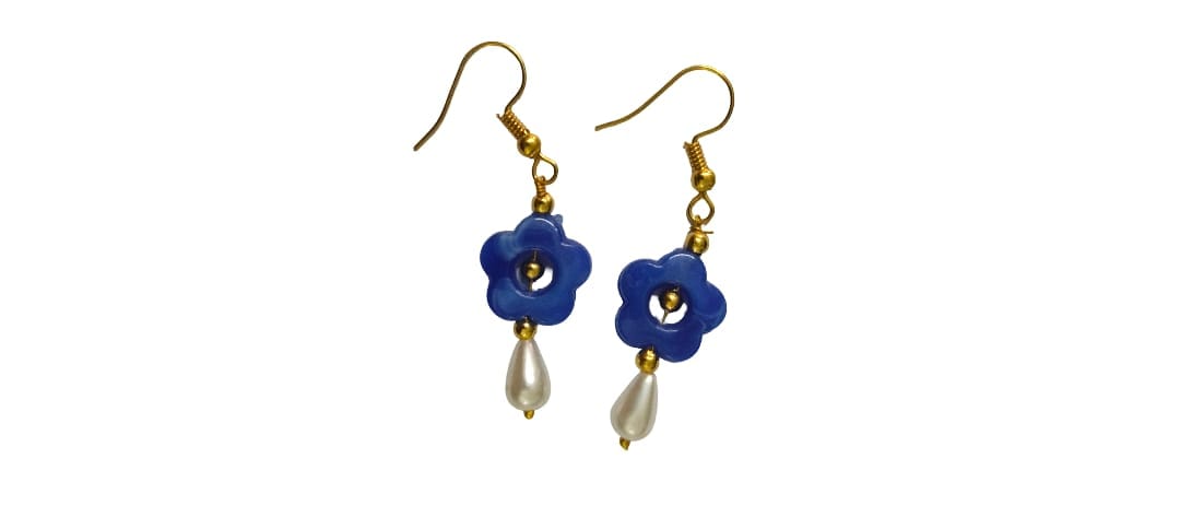 Blue Floral Drop Earrings with Pearl Accents