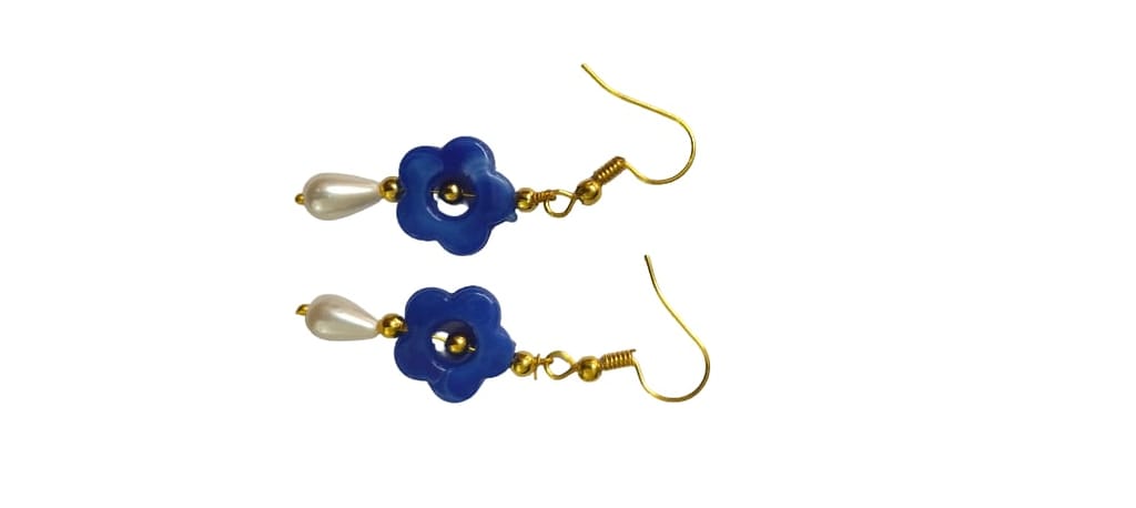 Blue Floral Drop Earrings with Pearl Accents