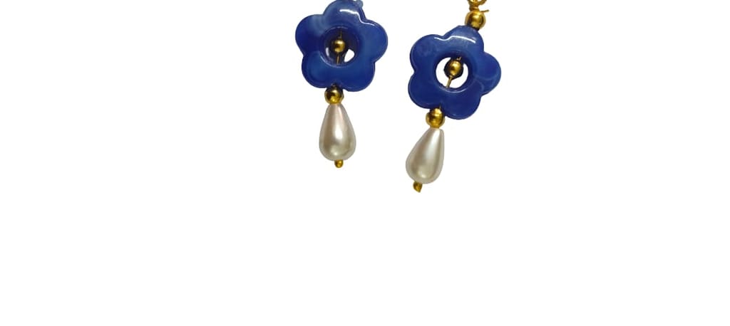 Blue Floral Drop Earrings with Pearl Accents