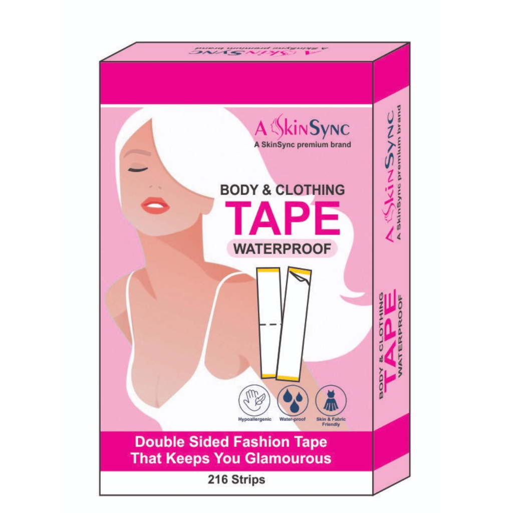 A SkinSync 216 Strips Double Sided Tape for Fashion, Clothing and Body Tape | All Day Strength Invisible Dress Tape for women | Gentle to stick on Skin and clothes | Transparent (216 Strips)