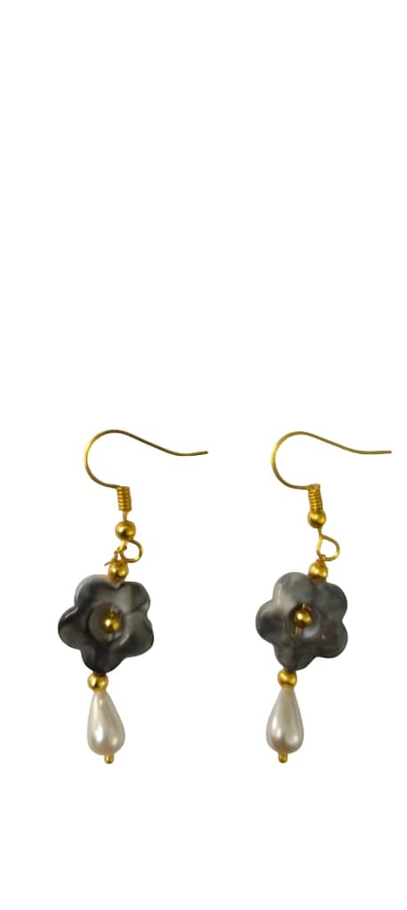 Floral Dangle Earrings with Pearl Drop - Gold & Silver Tone
