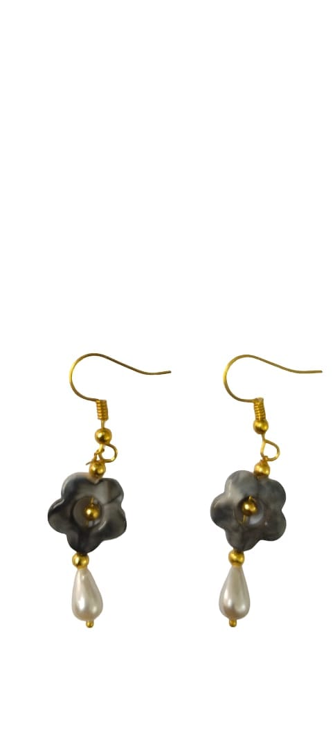 Floral Dangle Earrings with Pearl Drop - Gold & Silver Tone