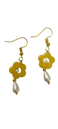 Yellow Floral Drop Earrings with Pearl Accents