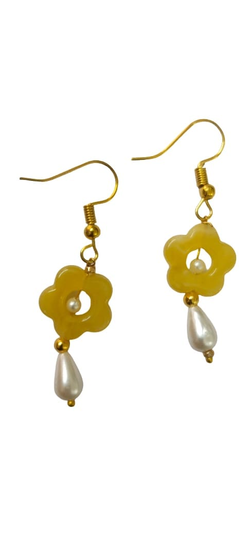 Yellow Floral Drop Earrings with Pearl Accents