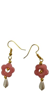 Pink Flower and Pearl Drop Earrings