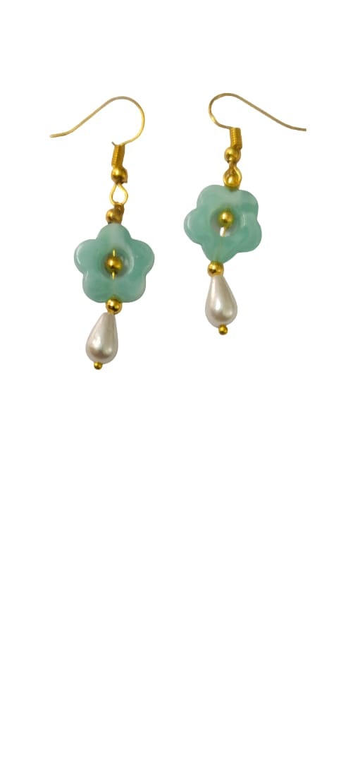 Seafoam Flower and Pearl Drop Earrings