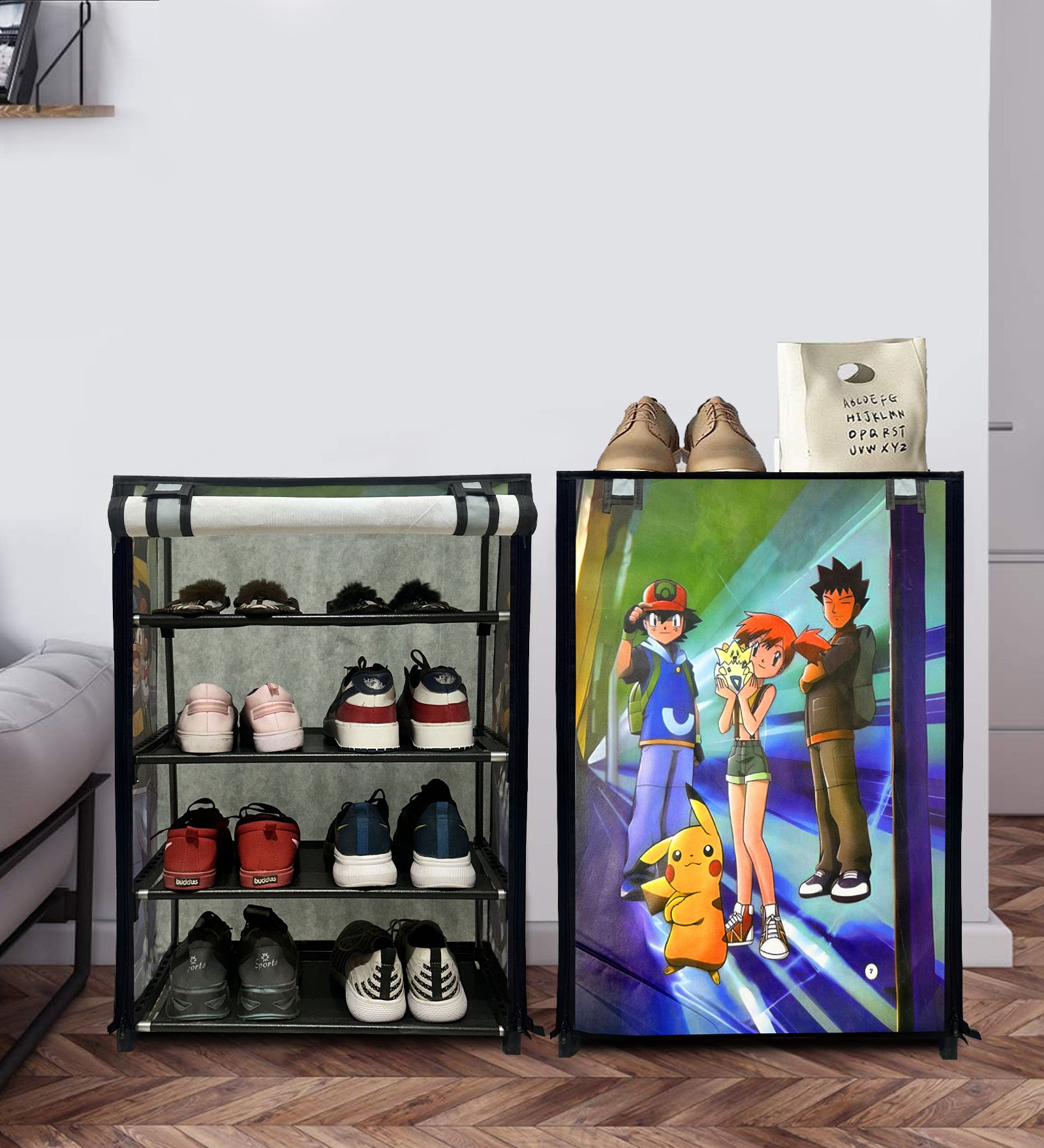 Philoshop 4-shelves Durable Metal Frame Modular Shoe Rack with 100 GSM Fabric in Grey Unique Pokemon Cartoon Print