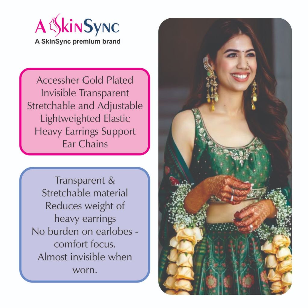 A SkinSync Gold Plated Invisible Transparent Heavy Earrings Support Ear Chains for Women and Girls (Pack of 3 Pairs) with 36 Strips Double Sided Tape for Fashion