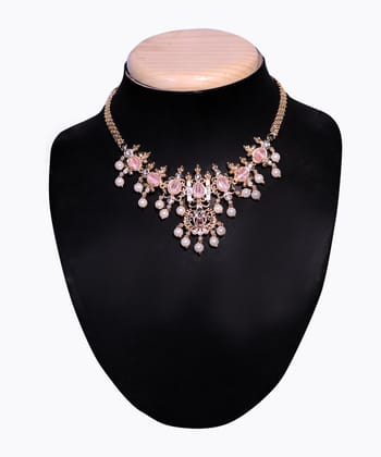 Royal Pink Stone and Pearl Drop Necklace