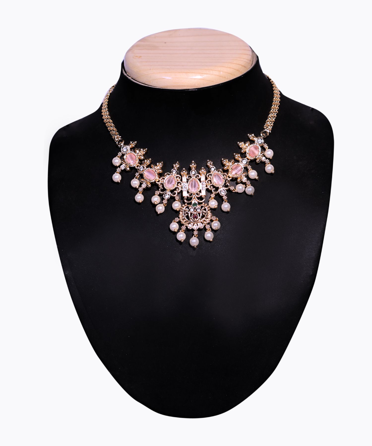 Royal Pink Stone and Pearl Drop Necklace