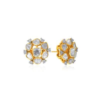 Senco Gold Floral Fantasy Polki Diamond Studs (2.8 gram / 0.13 Ct / IJ-SI / 14K Yellow Gold)