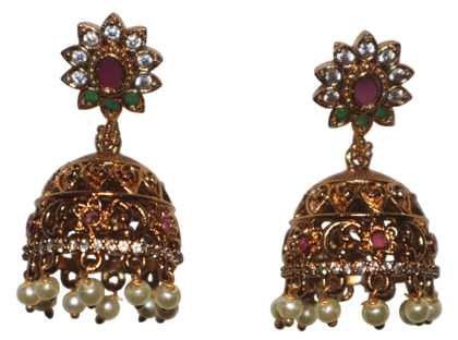 Gold Plated Floral Jhumka Earrings with Faux Pearls