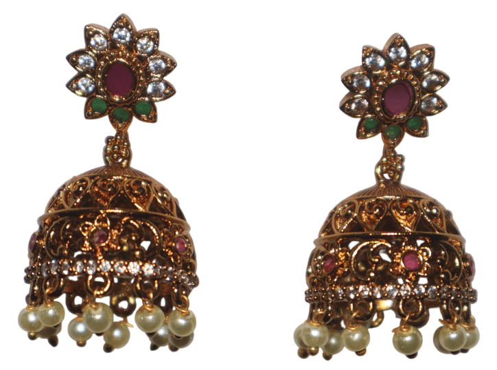 Gold Plated Floral Jhumka Earrings with Faux Pearls