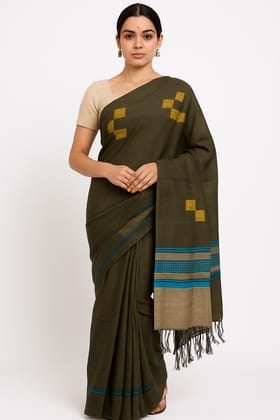 Bhagaiya Heritage Tussar Silk Saree – Olive Elegance with Geometric Accents