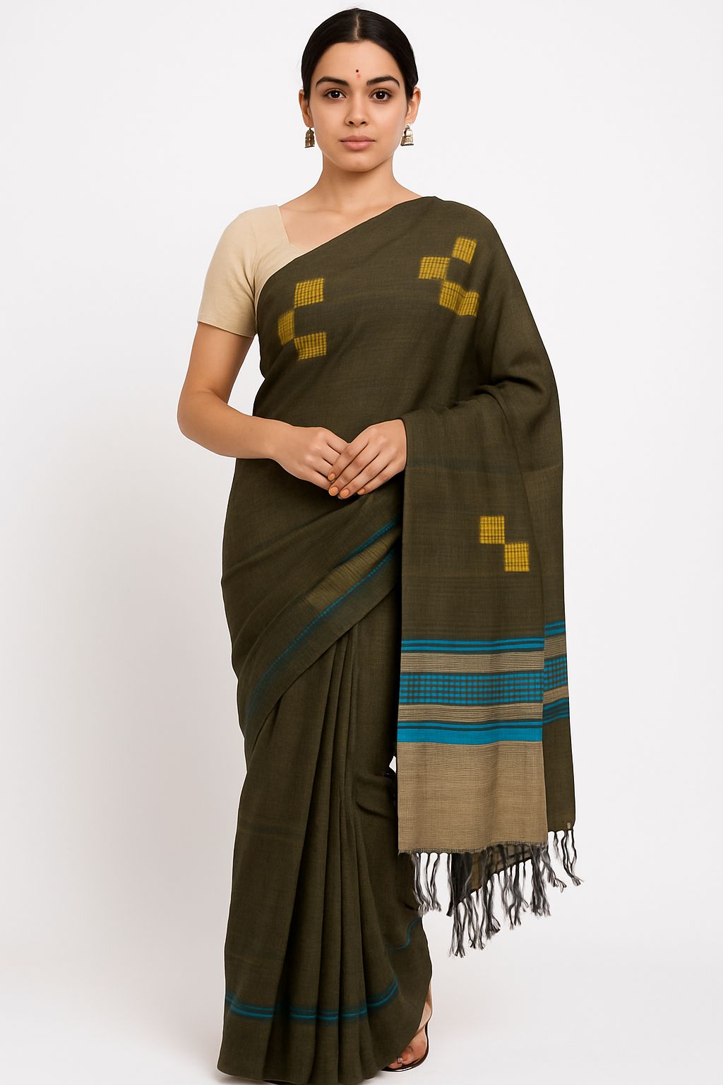 Bhagaiya Heritage Tussar Silk Saree – Olive Elegance with Geometric Accents