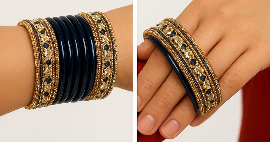 Blue and Gold Embellished Bangles Set: Lac-crafted Lahathi