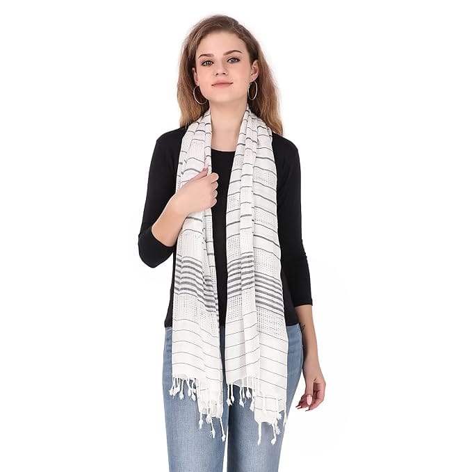 White Striped Scarf with Fringes - Elegant & Versatile