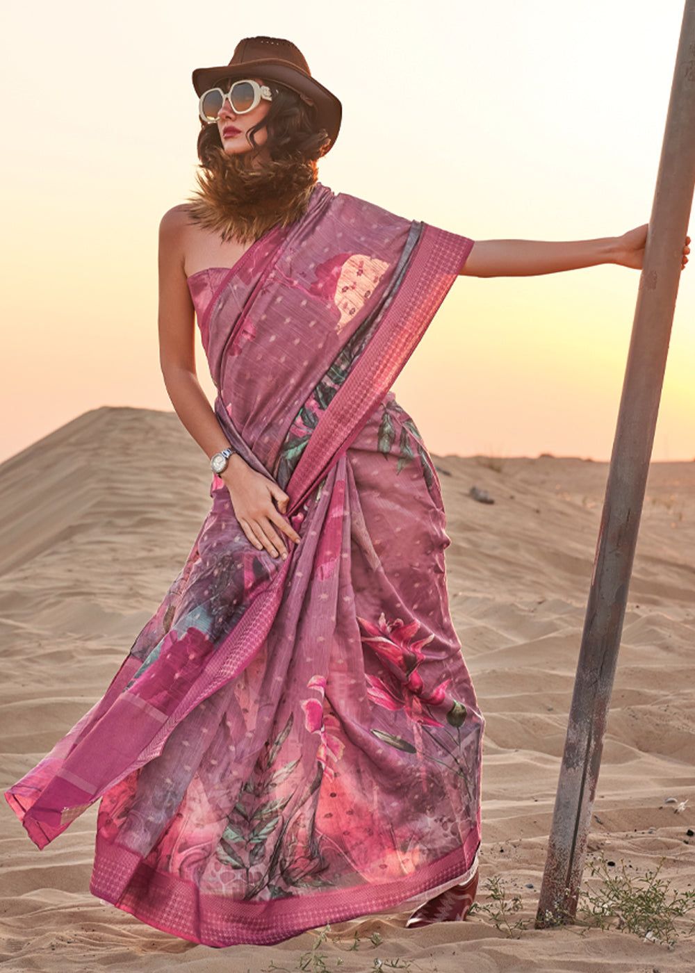 Mauve Purple Woven Linen Silk Saree With Floral Print