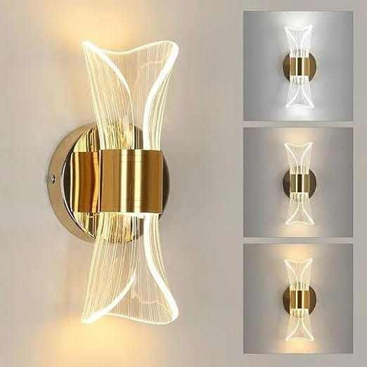 Wall Light LED Indoor Modern, 10 W Golden Wall Lamp Dimmable with 3 Light Colours, Creative Acrylic Wall Light forLiving Room Room Bathroom Staircase