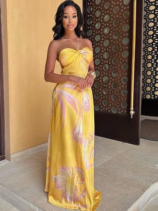Floral Print Halterneck Tube Maxi Dress-Yellow / M